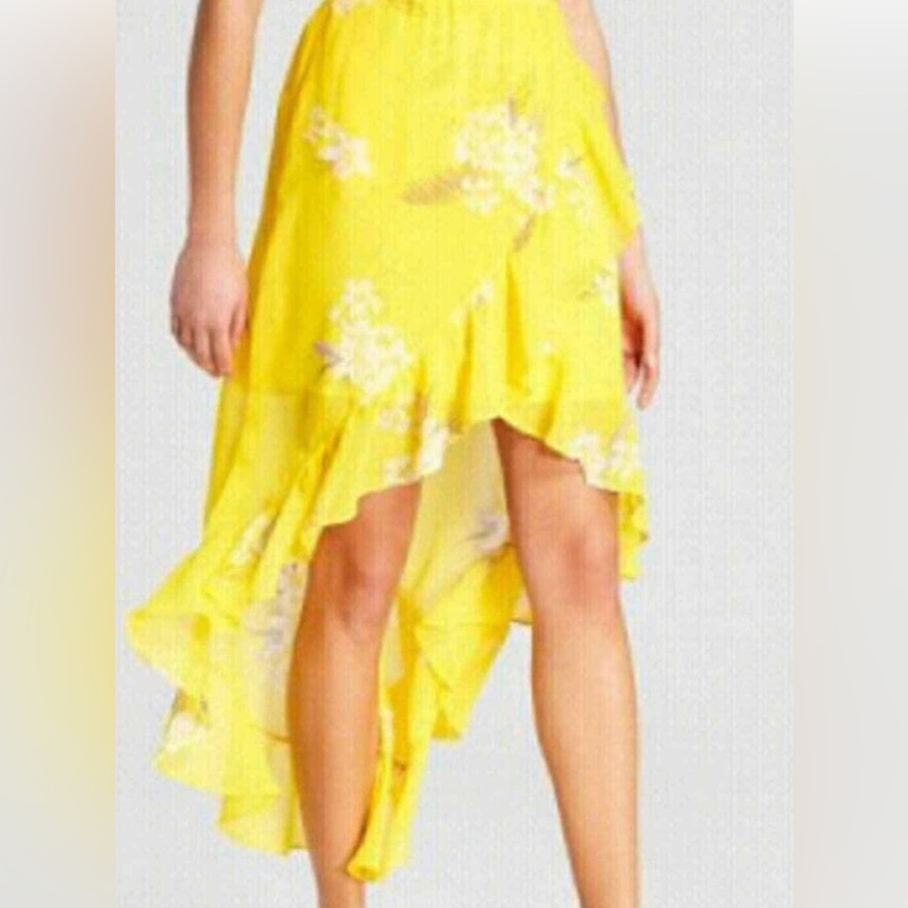 bright Yellow high low-flower print skirt